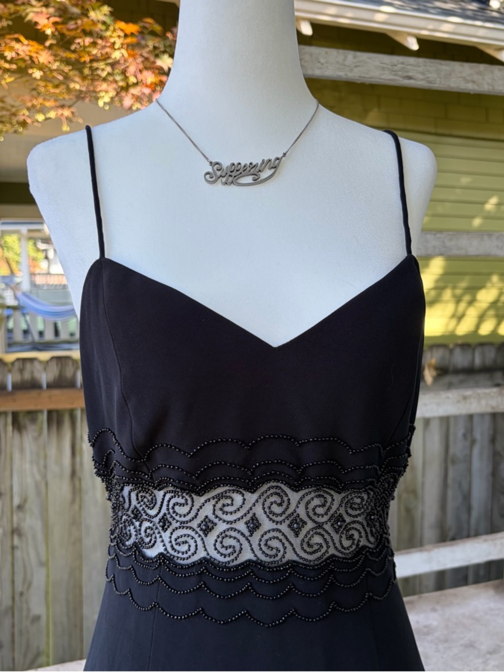 Vintage 90s Cache Black Beaded Cutout Mini Dress